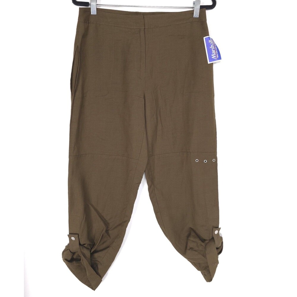 KENAR Women’s New Capri Cropped Pants 8 Roll Tab Linen Blend Brown Boho Vintage